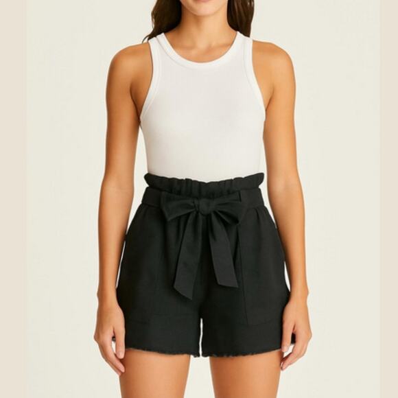 Krisa 100% Linen High Waisted Cargo Belted Paperbag Short Black Women's XS NWT - Picture 1 of 10